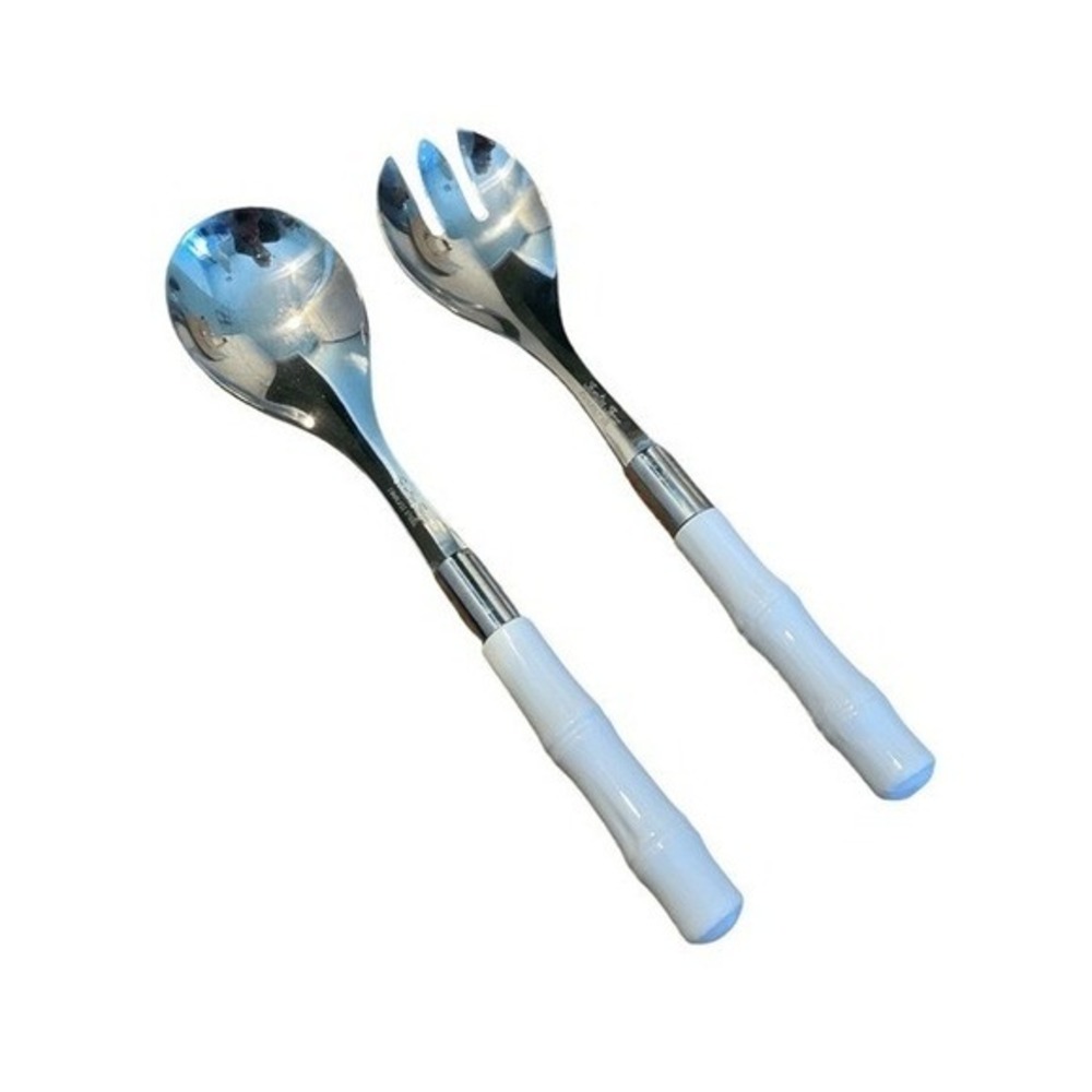 Vintage Frontier Forge Bamboo Salad Serving Set Stainless Silver White Handles M